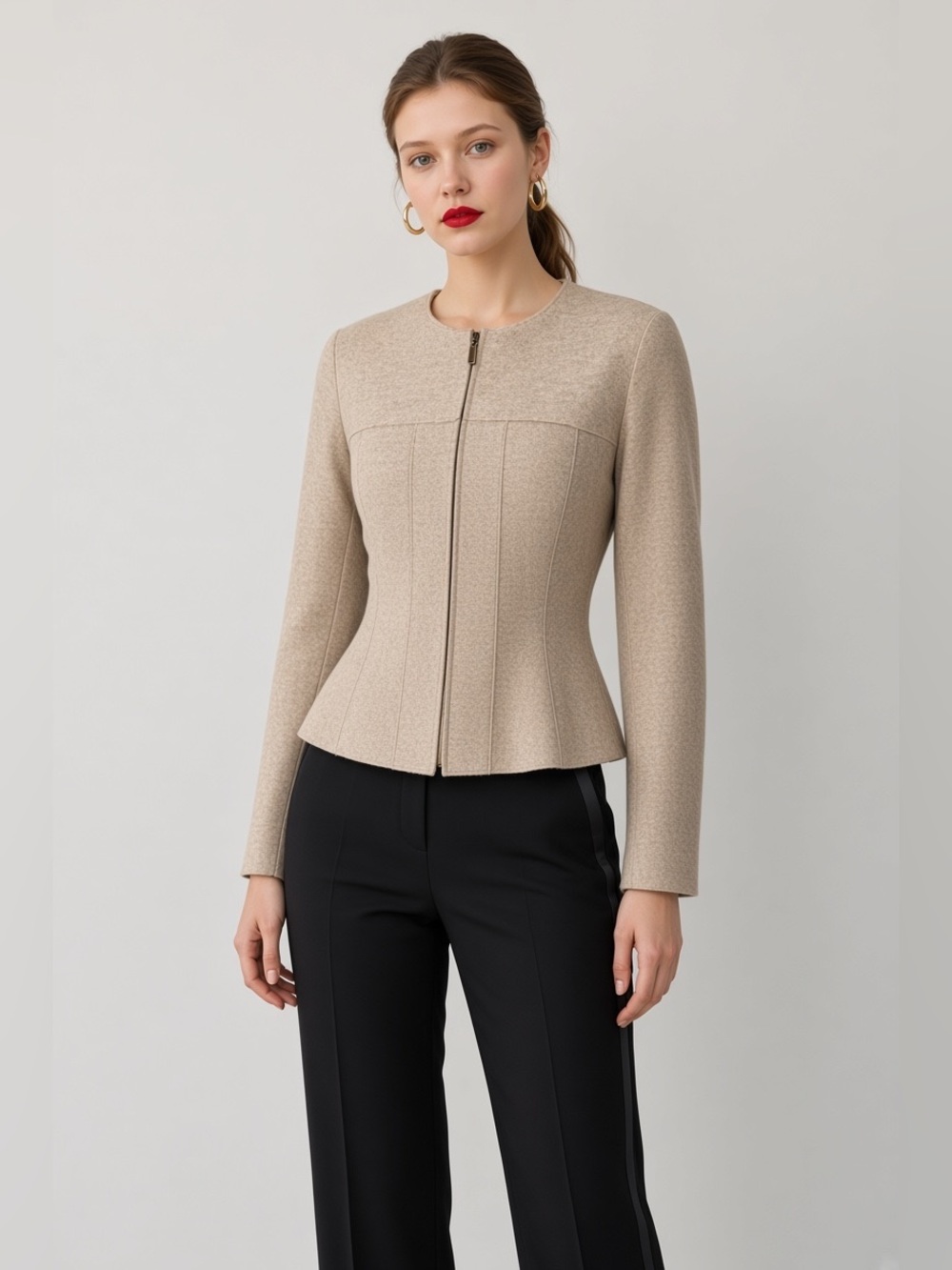 Chanel 99A Beige Wool Zip Front Peplum Jacket Size 38